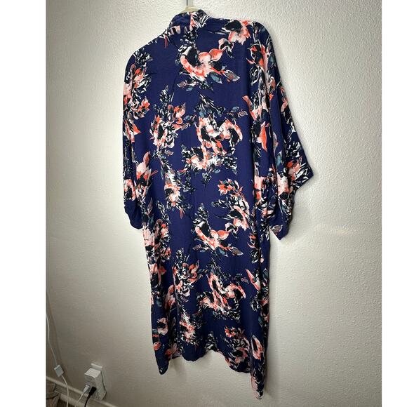 Splendid Navy Orange Ivory Multi Floral Short Sleeve Kimono Duster S - Picture 12 of 15